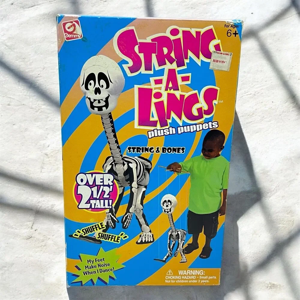 Vintage 2001 Gemmy String-A-Lings Plush Puppet Skeleton & Bones Marionette NOS